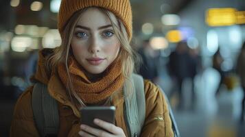 Businesswoman in Cozy Attire Using Smartphone in Modern Urban Environment photo