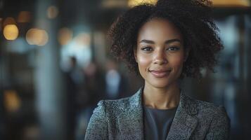 Confident CEO with Natural Hair Posing in Professional Setting Against Blurry Background photo