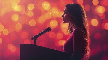 Businesswoman Standing at Podium with Microphone Against Colorful Bokeh Background photo