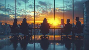 CEO Discussing Annual Project with Team Against Beautiful Sunset Skyline Background photo