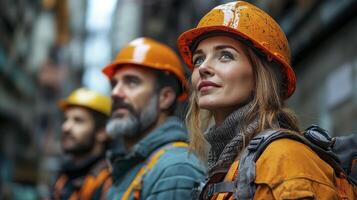 Diverse Team of Builders and Architects in Construction Site with Safety Gear photo