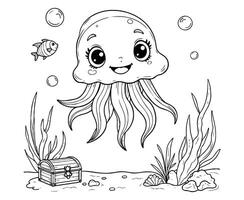 Jellyfish in Ocean with Fish Coloring Page vector