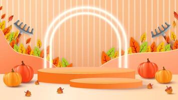 Autumn Theme with Pumpkins, Leaves, and Display Pedestals vector