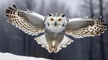 A Owls breathtaking of a Snowy Owl in mid-flight photo
