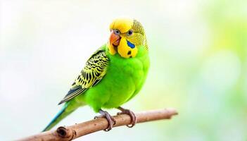 budgerigar with soft green background on a tree branch photo