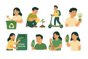 Characters practicing sustainable lifestyle recycling, planting, reusing, and choosing green energy and transport. vector