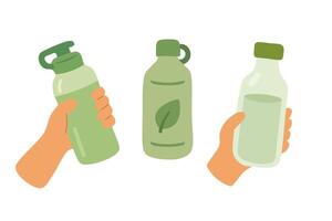 Eco friendly reusable water bottles in hands and alone, promoting sustainable lifestyle and hydration. vector