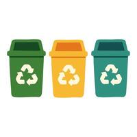 Set of three colorful recycle bins for waste sorting. Eco-friendly cartoon flat illustration. vector