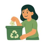 Smiling girl putting recyclable trash into a green bin with recycling symbol on the front. vector