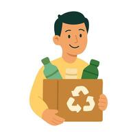 Smiling boy carrying cardboard box with recycling symbol filled with plastic bottles for reuse. vector