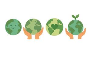 Set of Earth icons with hands, heart, sprout, and smile. Perfect for eco, planet care, environment themes. vector