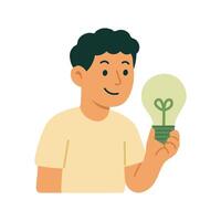 Smiling boy holding eco lightbulb with green sprout. Symbol of environmental thinking and innovation. vector