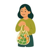 Smiling girl holding a reusable mesh bag full of vegetables and greens. Zero waste lifestyle. vector