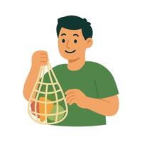 Smiling boy holding reusable mesh bag with fruits. Symbol of sustainable and plastic-free lifestyle. vector
