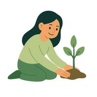 Young girl planting a small green tree in the ground, symbolizing care for nature and environment. vector