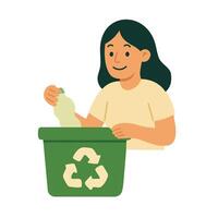 Smiling girl throws plastic bottle in recycle bin. Promotes eco habits and waste sorting awareness. vector