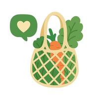 Reusable mesh bag with vegetables and heart symbol. Promotes zero waste and eco shopping. vector