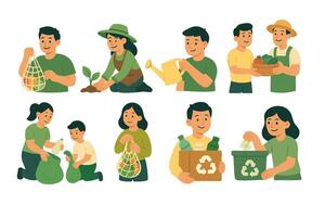 Characters showing sustainable habits planting trees, recycling, reusing bags and helping the environment. vector