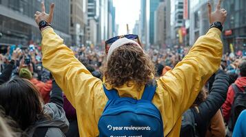 A person with a backpack and yellow jacket in a crowd photo