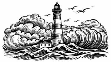 Vintage Lighthouse with Stormy Sea and Birds in Black and White Illustration vector