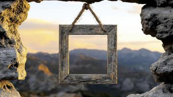 Empty Rustic Wooden Frame in Stone Alcove Overlooking Sunset Mountain Range photo