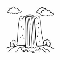 Hand Drawn Waterfall Scene with Clouds and Bushes Simple Black and White Illustration vector