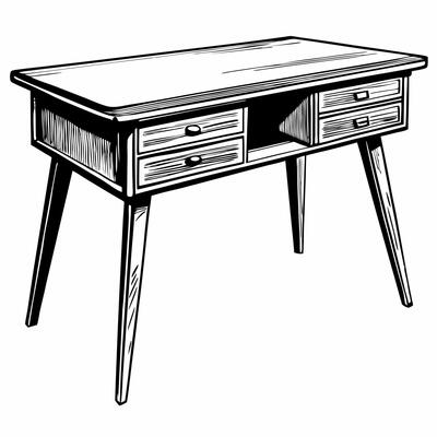 Vintage Wooden Desk Illustration Classic Furniture with Drawers and Mid Century Design