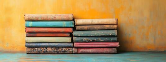 Old books stacked on top of each other in front of a yellow wall photo