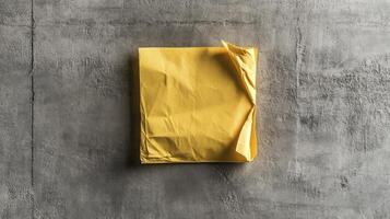 Crumpled Yellow Sticky Note on Gray Textured Background photo