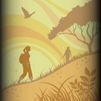 Hikers Exploring a Serene Sunset Trail vector