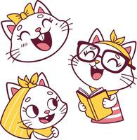 Adorable Kitten Expressions with Reading Glasses, Playful Feline Faces in Various Poses vector