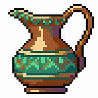 Retro Pixel Art of Ornate Ceramic Jug with Green Pattern vector