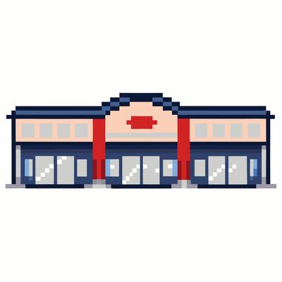 Pixel Art Shopping Mall Entrance Design for Retro Gaming and Urban Architecture Themes