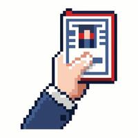 Retro Pixel Art Illustration of Hand Holding ID Card for Digital Security Concept vector