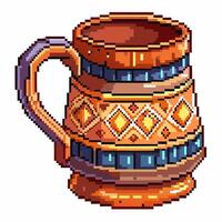Pixel Art Rustic Mug with Geometric Patterns for Game Design vector