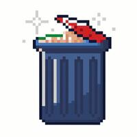 Pixel Art Trash Bin Retro Digital Design with Lid Open and Sparkles vector