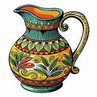 Colorful Ornamental Jug with Leaf Patterns in Vibrant Folk Art Style Illustration vector