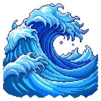 Pixel Art Ocean Wave Retro Blue Sea Surf with Dynamic Motion vector