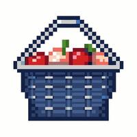Pixel Art Basket with Apples and Peaches Retro Fruit Illustration in 8 Bit Style vector