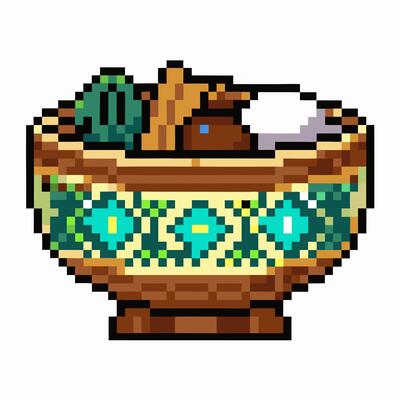 Pixel Art Bowl with Vegetables Retro Gaming Style Illustration