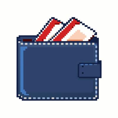 Retro Pixel Art Wallet with Cash Inside Vintage Gaming Style Illustration