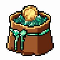 Retro Pixel Art Coin Bag Filled with Gold and Gems for Gaming Design vector