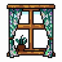 Pixel Art Window with Floral Curtains and Plant in Rustic Style vector