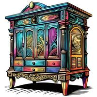 Colorful Vintage Cabinet Illustration with Intricate Patterns and Bold Swirls in a Retro Design vector