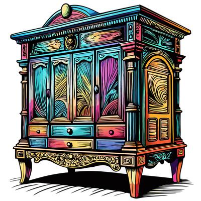 Colorful Vintage Cabinet Illustration with Intricate Patterns and Bold Swirls in a Retro Design
