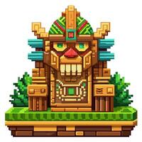 Pixel Art Mayan Temple Totem with Geometric Patterns and Vivid Colors vector