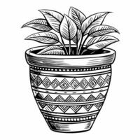 Decorative Plant Pot with Geometric Patterns Ink Illustration vector