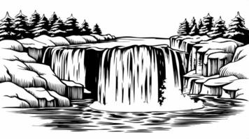 Monochrome Illustration of a Majestic Waterfall in a Forest Setting with Pine Trees vector