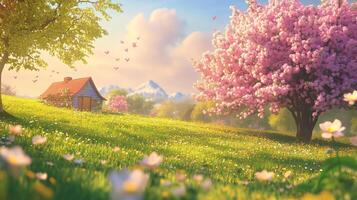 Experience the first day of spring with blooming flowers, soft sunlight, and vibrant green grass, creating a serene and refreshing atmosphere. photo