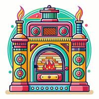 Colorful Retro Fireplace Illustration with Abstract Geometric Design and Vintage Elements vector